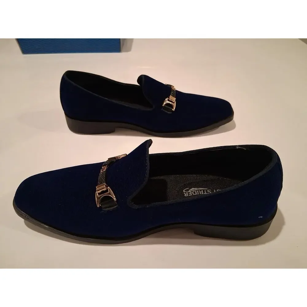 Men's Navy Blue Velvet Loafers Slip-On Dress Shoes Gold Buckle